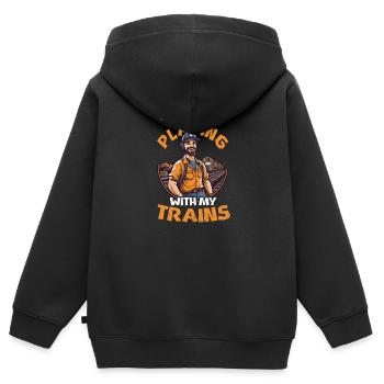 Modelleisenbahn spielt eher mit Zügen - Kinder Premium Organic Zip Hoodie - Schwarz - Hinten - AI Model Kid Male (0cm)