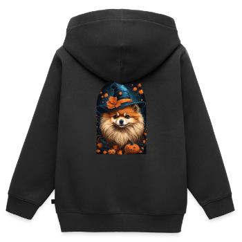 Pomeranian Mit Hexenhut Halloween Pomeranian - Kinder Premium Organic Zip Hoodie - Schwarz - Hinten - AI Model Kid Male (0cm)