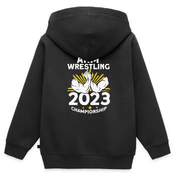 Armdrücken - Kinder Premium Organic Zip Hoodie - Schwarz - Hinten - AI Model Kid Male (0cm)
