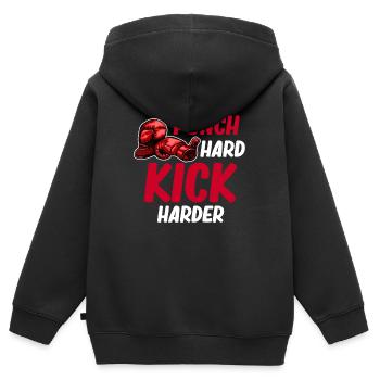Frapper fort, mais donner des coups de pied plus fort, c’est drôle - Sweat Premium à capuche zippé enfant bio - noir - Dos - AI Model Kid Male (0cm)