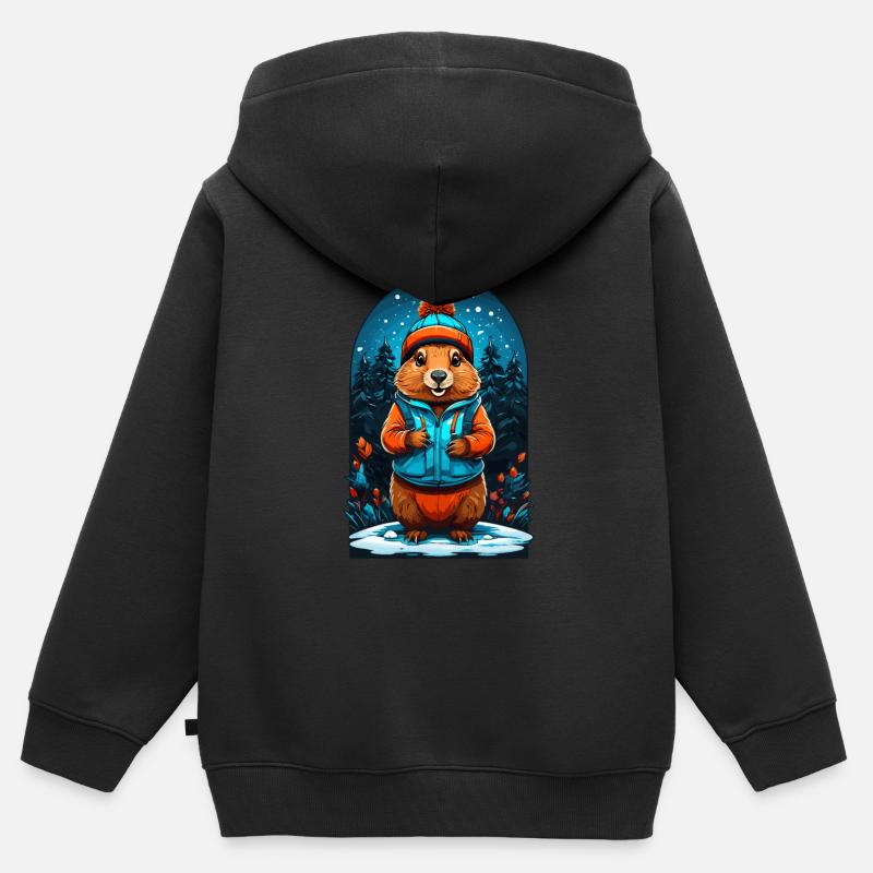 Marmotte avec chapeau d’hiver Marmotte heureuse - Sweat Premium à capuche zippé enfant bio - noir