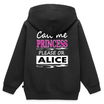 Je m’appelle Alice, je m’appelle Alice, princesse Gift - Sweat Premium à capuche zippé enfant bio - noir - Dos - AI Model Kid Male (0cm)