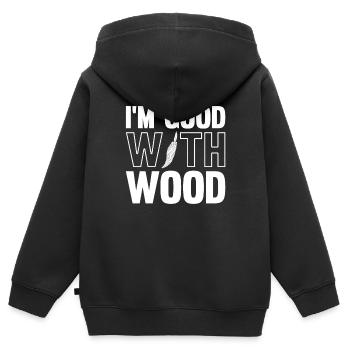Sculpture sur bois brillant sur bois - Sweat Premium à capuche zippé enfant bio - noir - Dos - AI Model Kid Male (0cm)
