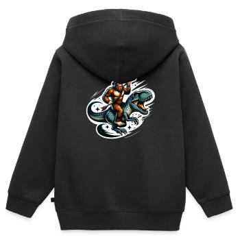 Bigfoot équitation T-Rex préhistorique dinosaure rodéo - Sweat Premium à capuche zippé enfant bio - noir - Dos - AI Model Kid Male (0cm)