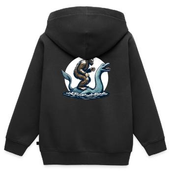 Bigfoot Sasquatch chevauchant le monstre du Loch Ness - Sweat Premium à capuche zippé enfant bio - noir - Dos - AI Model Kid Male (0cm)