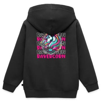 Techno Raver Licorne Ravercorn - Sweat Premium à capuche zippé enfant bio - noir - Dos - AI Model Kid Male (0cm)