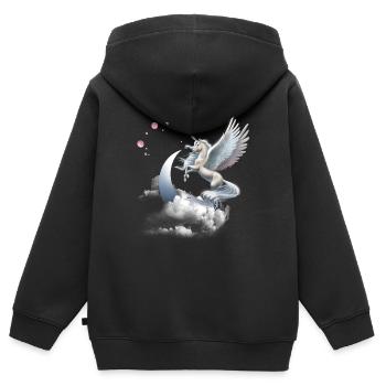 Einhorn oder Pegasus Fliegendes Pferd - Kinder Premium Organic Zip Hoodie - Schwarz - Hinten - AI Model Kid Male (0cm)