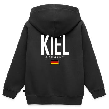 Kiel - Kinder Premium Organic Zip Hoodie - Schwarz - Hinten - AI Model Kid Male (0cm)