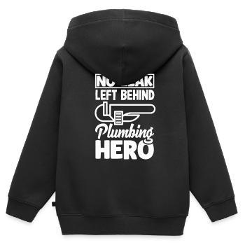 Pas de fuite Plumbing Hero Déclaration audacieuse - Sweat Premium à capuche zippé enfant bio - noir - Dos - AI Model Kid Male (0cm)