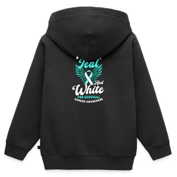 Gebärmutterhalskrebs Bewusstseinskleidung Blaugrün und Weiß - Kinder Premium Organic Zip Hoodie - Schwarz - Hinten - AI Model Kid Male (0cm)
