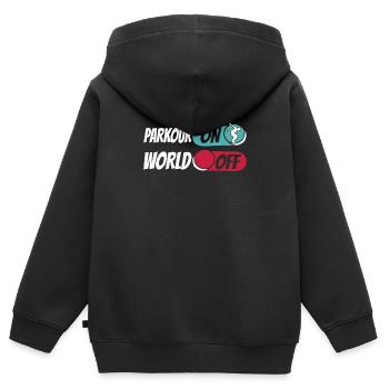 Parkour Parkour sur World Off - Sweat Premium à capuche zippé enfant bio - noir - Dos - AI Model Kid Male (0cm)