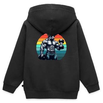 Musculaire Ox Bodybuilder Gym Séance D'entraînement Rétro Coucher De Soleil - Sweat Premium à capuche zippé enfant bio - noir - Dos - AI Model Kid Male (0cm)