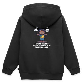 Les Amérindiens parlent hindi, anglais Support technique - Sweat Premium à capuche zippé enfant bio - noir - Dos - AI Model Kid Male (0cm)
