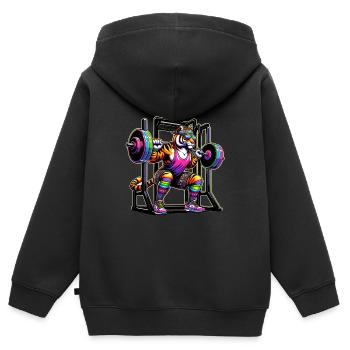 Tigre arc-en-ciel fort accroupi dans le gymnase - Sweat Premium à capuche zippé enfant bio - noir - Dos - AI Model Kid Male (0cm)
