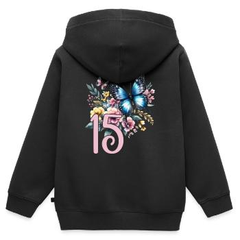 Geburtstag 15 Mädchen Schmetterling Fünfzehn 15 Ja - Kinder Premium Organic Zip Hoodie - Schwarz - Hinten - AI Model Kid Male (0cm)