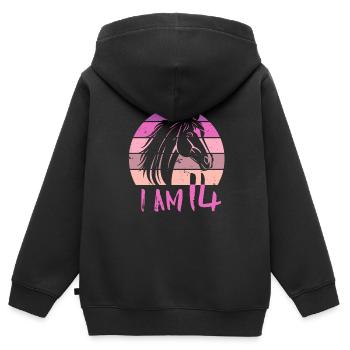 Geburtstag 14 Mädchen Pferd Reiten Stall Fourteen - Kinder Premium Organic Zip Hoodie - Schwarz - Hinten - AI Model Kid Male (0cm)