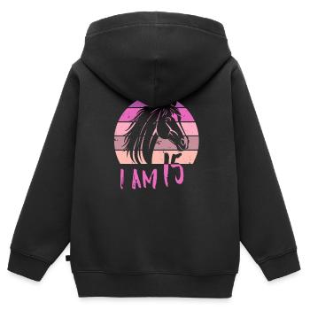 Geburtstag 15 Mädchen Pferd Reiten Stall Fünfzehn - Kinder Premium Organic Zip Hoodie - Schwarz - Hinten - AI Model Kid Male (0cm)