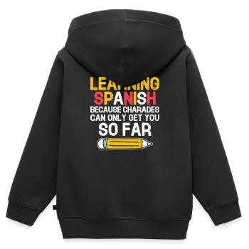 Professeur de langues étrangères École Professeurs de langues - Sweat Premium à capuche zippé enfant bio - noir - Dos - AI Model Kid Male (0cm)