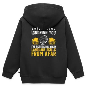 Professeur de langues étrangères École Professeurs de langues - Sweat Premium à capuche zippé enfant bio - noir - Dos - AI Model Kid Male (0cm)