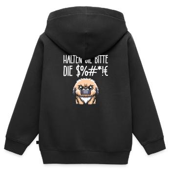 Pekingese Halten Sie Bitte Die Fresse - Kinder Premium Organic Zip Hoodie - Schwarz - Hinten - AI Model Kid Male (0cm)