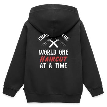 Ein Haarschnitt Nach Dem Anderen Verändert Die - Kinder Premium Organic Zip Hoodie - Schwarz - Hinten - AI Model Kid Male (0cm)