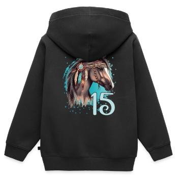 Geburtstag 15 Mädchen Pferd Reiten Stall Fünfzehn - Kinder Premium Organic Zip Hoodie - Schwarz - Hinten - AI Model Kid Male (0cm)