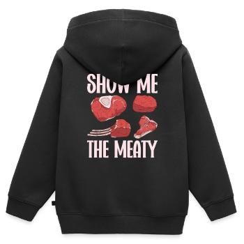 Boucherie, boucherie, boucherie, boucherie - Sweat Premium à capuche zippé enfant bio - noir - Dos - AI Model Kid Male (0cm)
