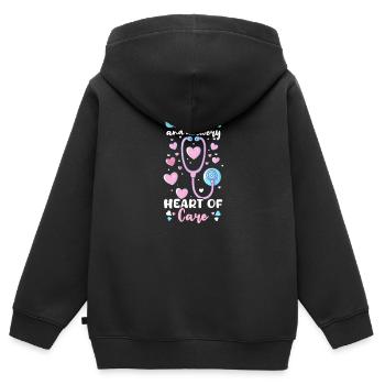 L&D Nurse Labor & Delivery : Heart Of Care - Sweat Premium à capuche zippé enfant bio - noir - Dos - AI Model Kid Male (0cm)