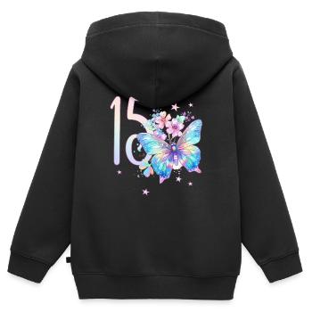 Geburtstag 15 Mädchen Schmetterling Fünfzehn 15 Ja - Kinder Premium Organic Zip Hoodie - Schwarz - Hinten - AI Model Kid Male (0cm)