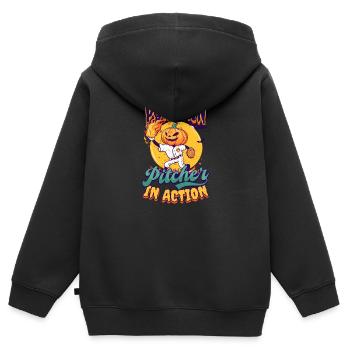 Pichet de citrouille de baseball d’Halloween en action - Sweat Premium à capuche zippé enfant bio - noir - Dos - AI Model Kid Male (0cm)