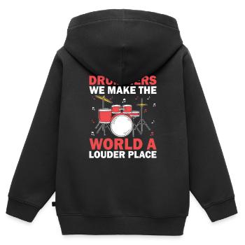 Trommler Wir machen die Welt zu einem lauteren Ort Schlagzeuger - Kinder Premium Organic Zip Hoodie - Schwarz - Hinten - AI Model Kid Male (0cm)