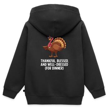 Dinde drôle de Thanksgiving - Sweat Premium à capuche zippé enfant bio - noir - Dos - AI Model Kid Male (0cm)