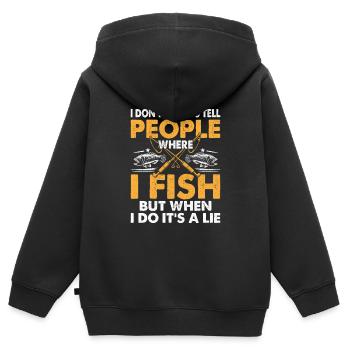 Ich erzähle den Leuten nicht immer, wo ich fische, angele und - Kinder Premium Organic Zip Hoodie - Schwarz - Hinten - AI Model Kid Male (0cm)