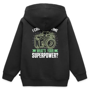 Ich kann die Zeit einfrieren, was ist Ihre Superpo - Kinder Premium Organic Zip Hoodie - Schwarz - Hinten - AI Model Kid Male (0cm)