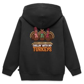 Dinde drôle de Thanksgiving - Sweat Premium à capuche zippé enfant bio - noir - Dos - AI Model Kid Male (0cm)