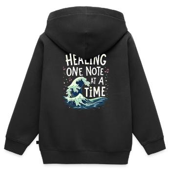 Musicothérapie, Guérison émotionnelle, Relaxation - Sweat Premium à capuche zippé enfant bio - noir - Dos - AI Model Kid Male (0cm)