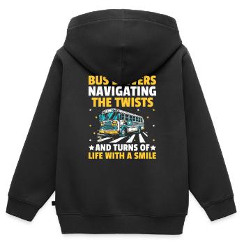 Busfahrer, die durch die Kurven und Kurven des - Kinder Premium Organic Zip Hoodie - Schwarz - Hinten - AI Model Kid Male (0cm)