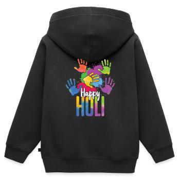 Happy Holi Festival Empreintes de mains colorées - Sweat Premium à capuche zippé enfant bio - noir - Dos - AI Model Kid Male (0cm)