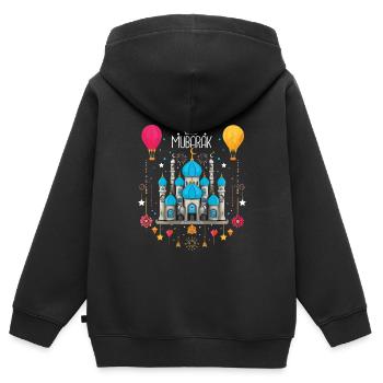 Mosquée solennelle de l’Aïd Moubarak et montgolfières - Sweat Premium à capuche zippé enfant bio - noir - Dos - AI Model Kid Male (0cm)