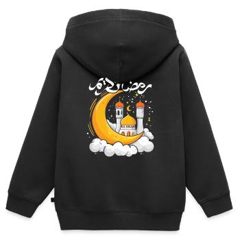 Aïd Moubarak : Mosquée et illustration de la lune - Sweat Premium à capuche zippé enfant bio - noir - Dos - AI Model Kid Male (0cm)