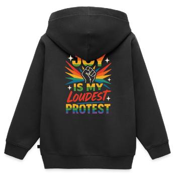 Queer Pride Queer Joy Homologation LGBTQ+ Trans - Sweat Premium à capuche zippé enfant bio - noir - Dos - AI Model Kid Male (0cm)