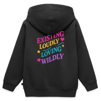 Queer Pride Queer Joy Homologation LGBTQ+ Trans - Sweat Premium à capuche zippé enfant bio - noir - Dos - AI Model Kid Male (0cm)