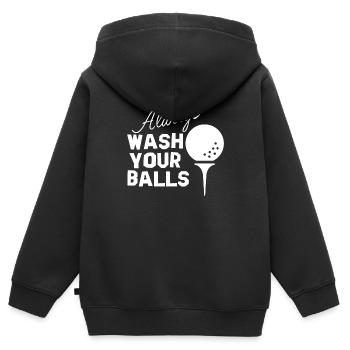 WASCHEN SIE IMMER IHRE BÄLLE - Kinder Premium Organic Zip Hoodie - Schwarz - Hinten - AI Model Kid Male (0cm)