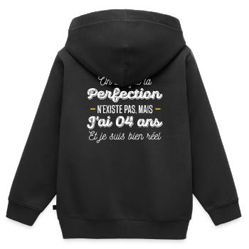 perfection 4 ans / anniversaire 4 ans / j'ai 4 ans - Sweat Premium à capuche zippé enfant bio - noir - Dos - AI Model Kid Male (0cm)