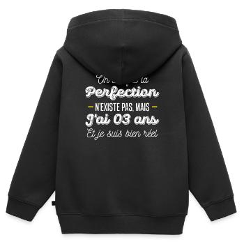 perfection 03 ans / cadeau 03 ans / jai 03 ans - Sweat Premium à capuche zippé enfant bio - noir - Dos - AI Model Kid Male (0cm)