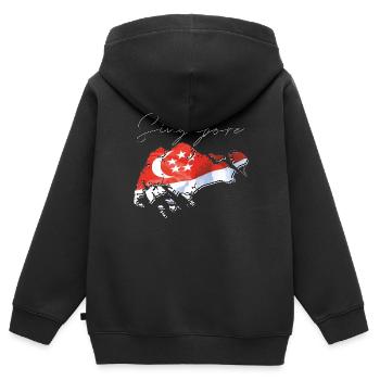Drapeau de Singapour sur la carte de Singapour EN - Sweat Premium à capuche zippé enfant bio - noir - Dos - AI Model Kid Male (0cm)