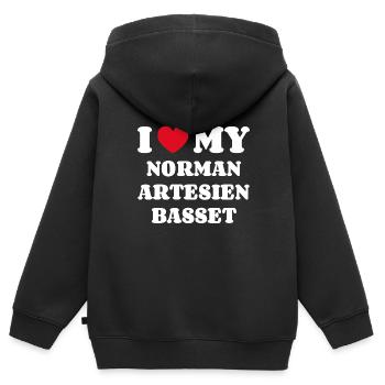 J’adore mon Norman Artesien Basset - Sweat Premium à capuche zippé enfant bio - noir - Dos - AI Model Kid Male (0cm)