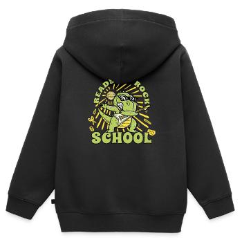 T-Rex Rockig Dino Einschulung Gitarre 1. Klasse - Kinder Premium Organic Zip Hoodie - Schwarz - Hinten - AI Model Kid Male (0cm)