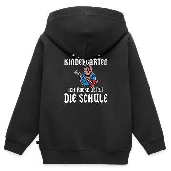 Einschulung Heavy Metal Gitarre Pommesgabel Rockig - Kinder Premium Organic Zip Hoodie - Schwarz - Hinten - AI Model Kid Male (0cm)