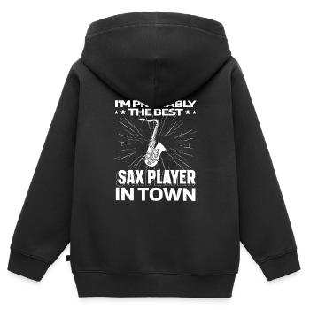 Saxophone Saxophone Drôle - Sweat Premium à capuche zippé enfant bio - noir - Dos - AI Model Kid Male (0cm)